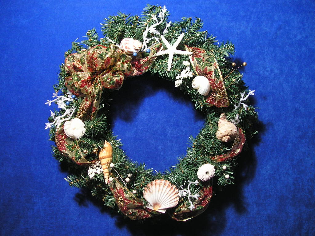 Wreath with seashells, urchins and starfish made by Valerie Ferguson.