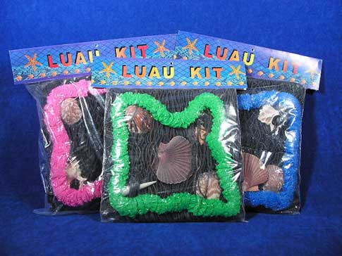 Seashell luau party kit with fishnet, seashells and a lei. 