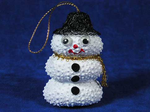 Snow man ornament made from real sea urchins.