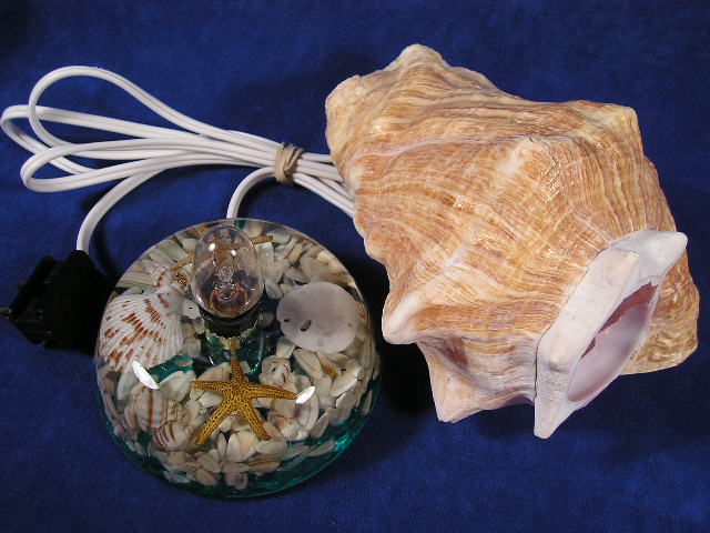 Pink conch lamp made with sea shells.